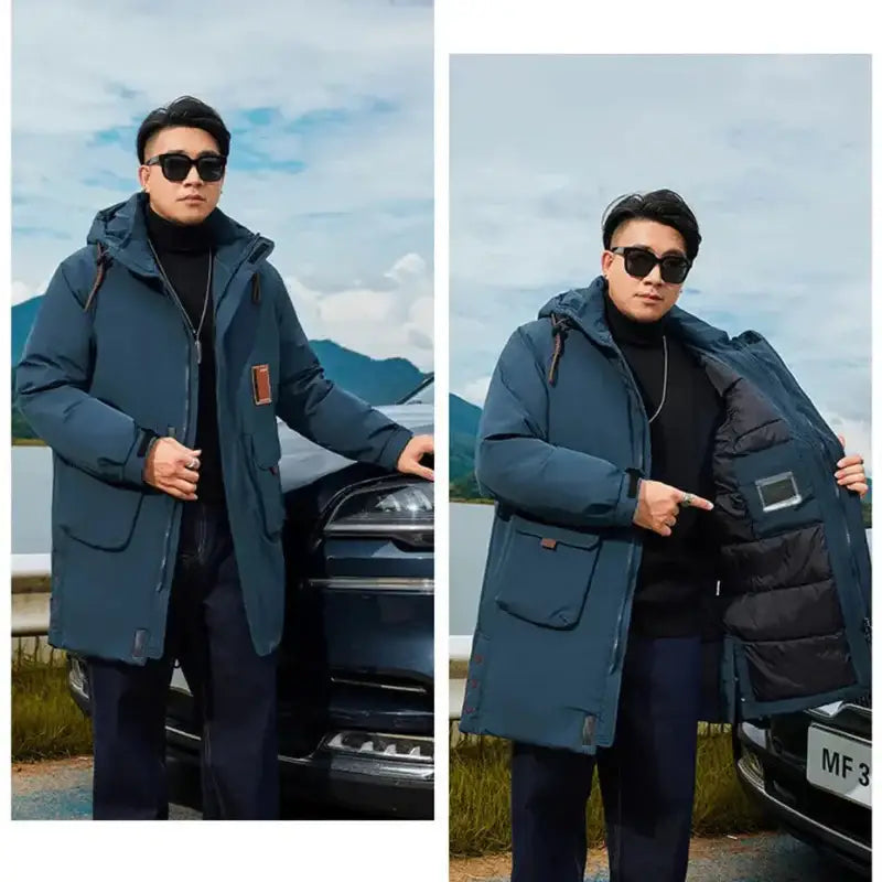 Parka longue homme avec capuche bleue, nombreuses poches, doublure intérieure légère
