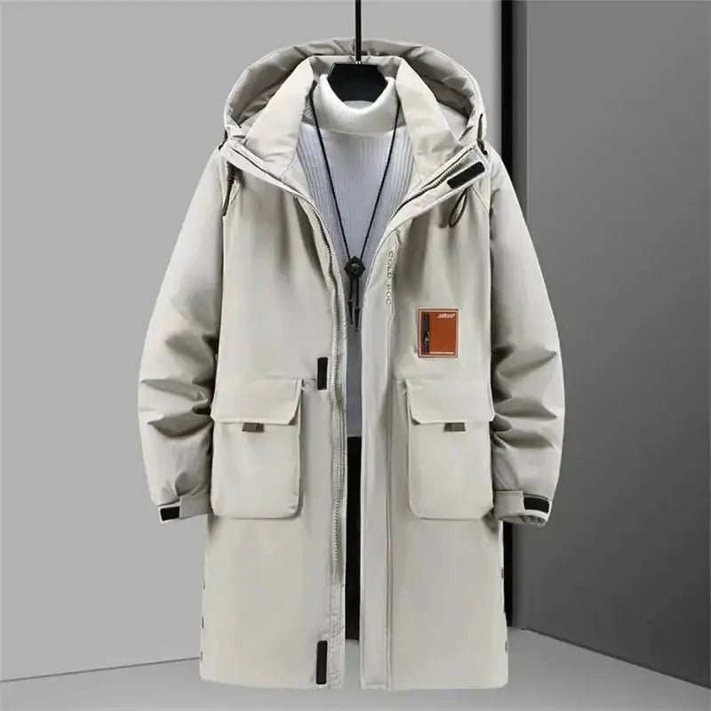 Parka longue homme - manteau style urbain moderne couleur beige avec poches et capuche.
