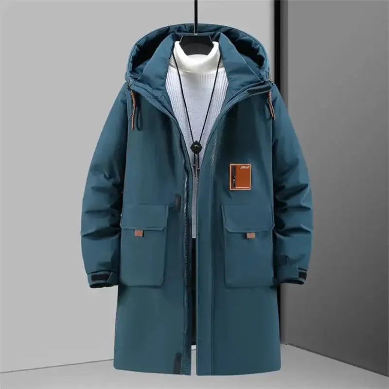 Parka longue homme teal avec doublure intérieure légère et grandes poches flap