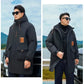 Parka longue homme noire avec doublure intérieure légère et accents en faux cuir marron