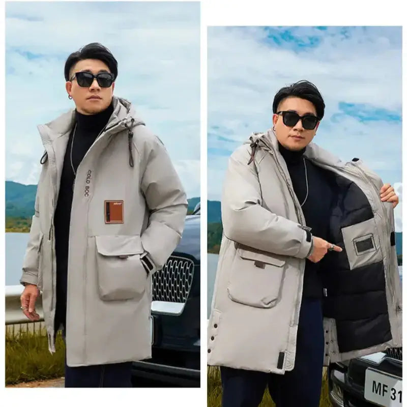 Parka longue homme avec capuche, puffer gris clair, grandes poches, doublure intérieure légère