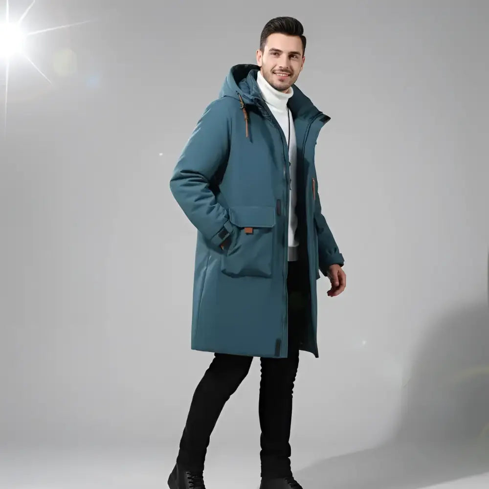 Parka longue homme teal avec capuche, doublure intérieure légère, parfait pour homme noir