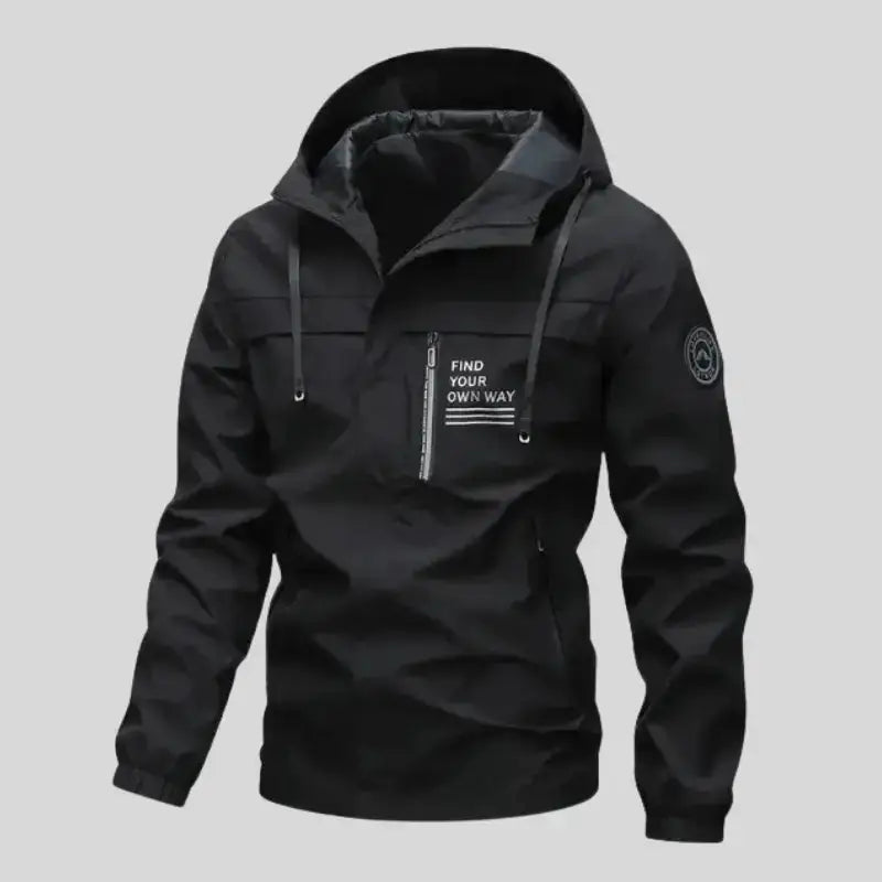 Parka militaire homme capuche en noir avec zip et capuche, idéal pour le style urbain.