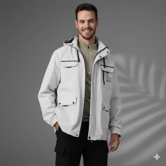Parka militaire homme, veste utilitaire gris clair avec accents noirs et tissu extérieur déperlant
