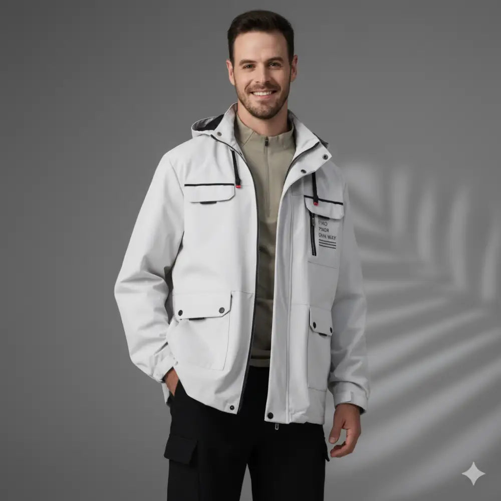 Parka militaire homme, veste utilitaire gris clair avec accents noirs et tissu extérieur déperlant