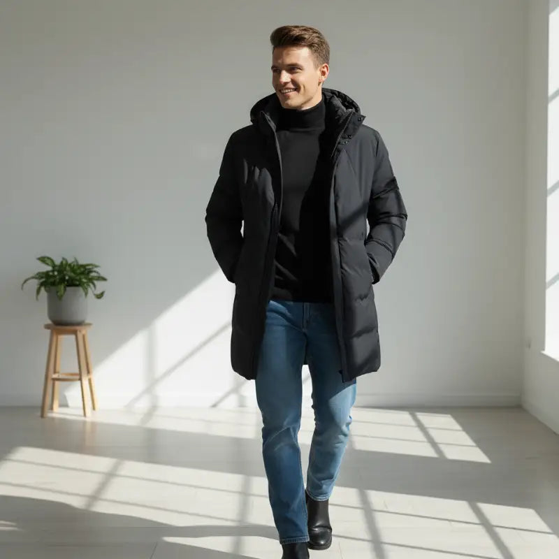Parka noir homme avec matière extérieure déperlante et doublure intérieure légère