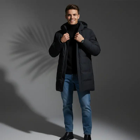 Homme souriant en parka noir homme avec matière extérieure déperlante et doublure légère