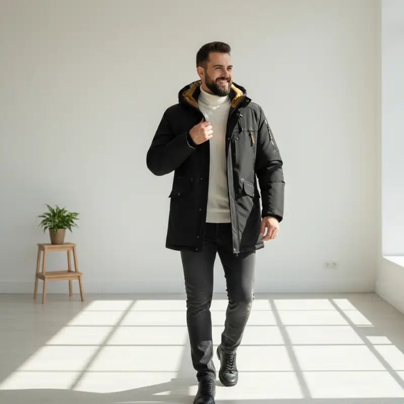 Homme portant une parka grande taille homme à capuche Le Costaud en intérieur lumineux.