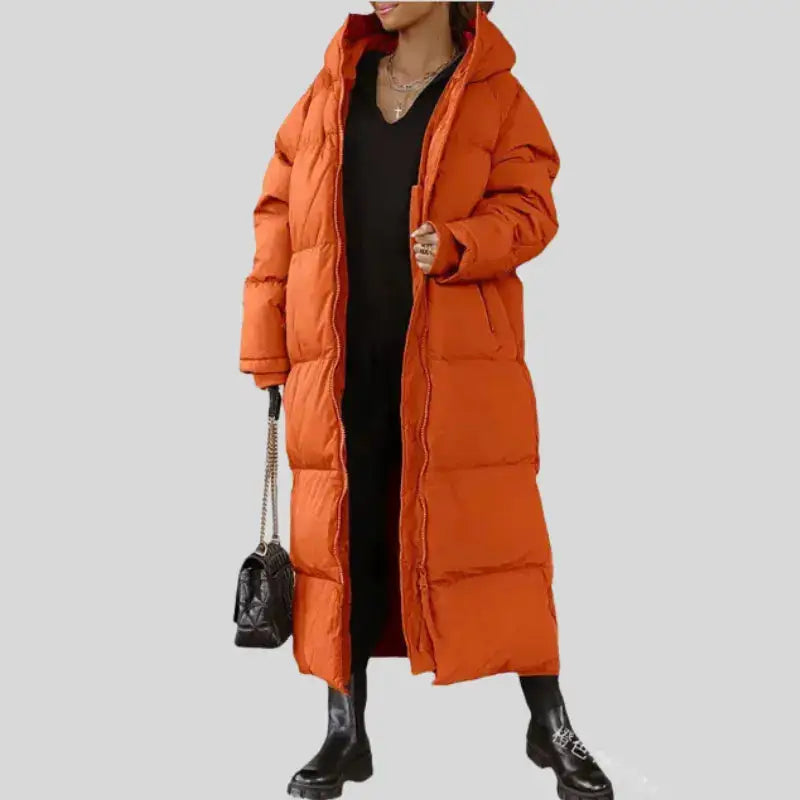 Parka femme longue orange avec capuche, longline puffer coat pour femme longue