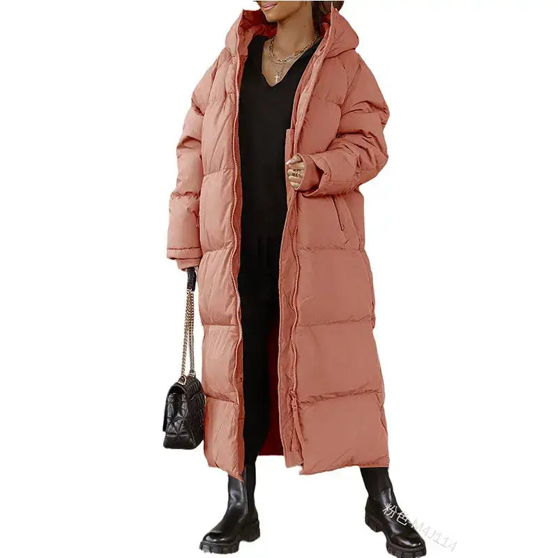 Parka femme longue orange, longue manteau puffer à capuche peach pour femme