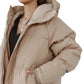 Parka femme longue beige avec capuche et fermeture éclair, idéal pour femme longue