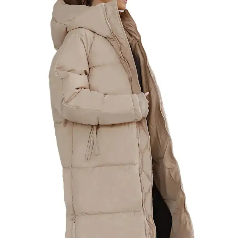 Parka femme longue beige à capuche, parka longue élégante pour femme