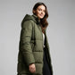 Long olive green puffer coat with hood, parfait pour femme longue et tendance