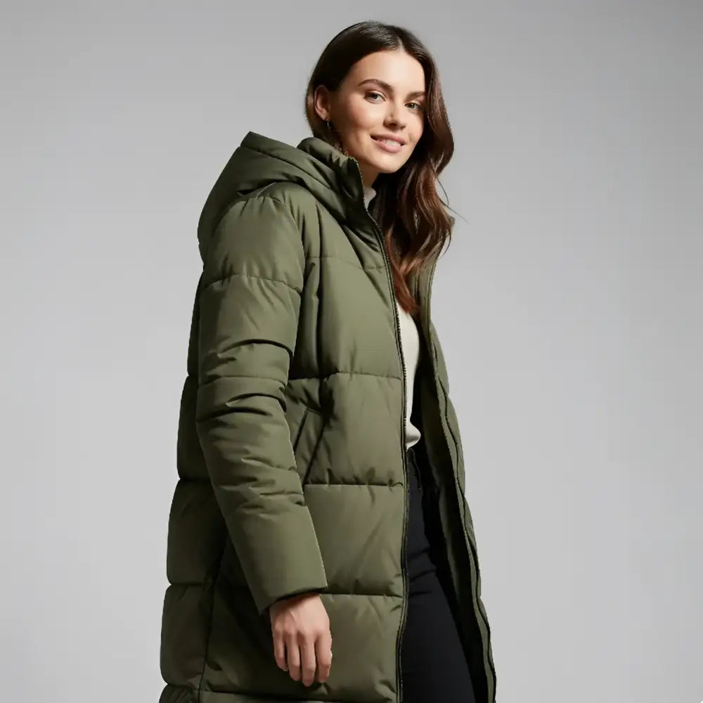 Long olive green puffer coat with hood, parfait pour femme longue et tendance