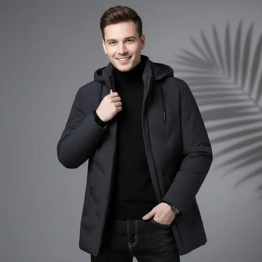 Veste noire à capuche pour homme avec turtleneck et jeans noirs, Parkas pour homme