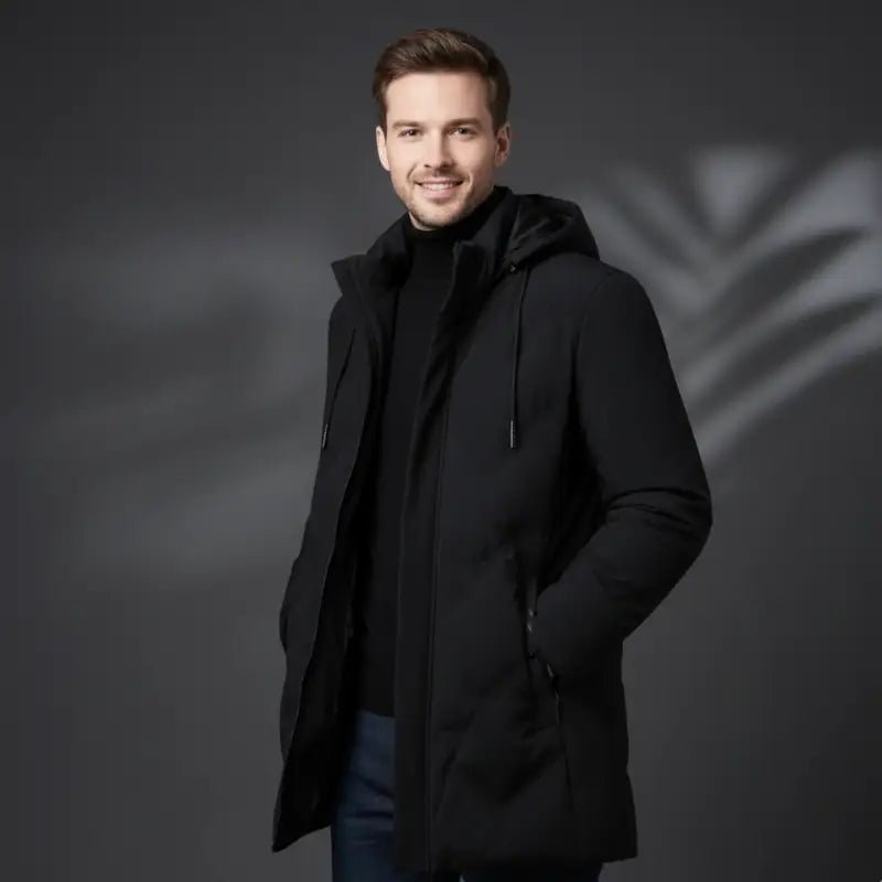 Homme portant une parka homme longue matelassée de couleur noire, style décontracté.