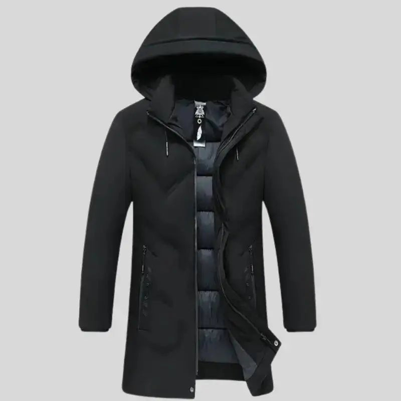Parka homme longue matelassée noire avec capuche et garnissage matelassé pour hiver.