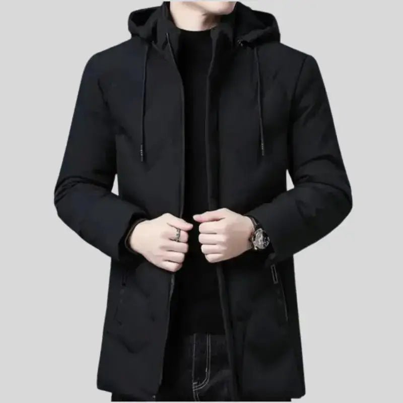 Parka homme longue matelassée de couleur noire, parfaite pour les hivers rigoureux, coupe décontractée.