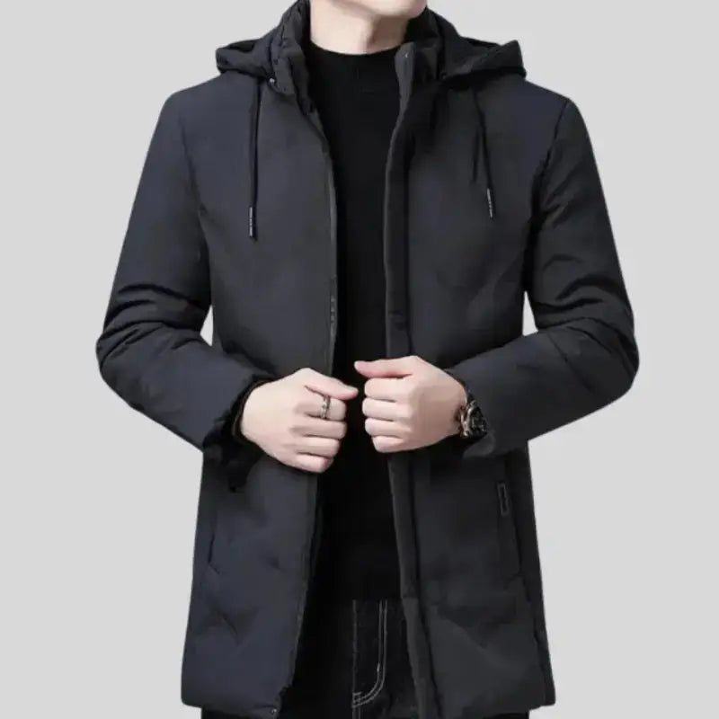 Parka pour homme noire à capuche avec fermeture éclair, parfait pour l’hiver