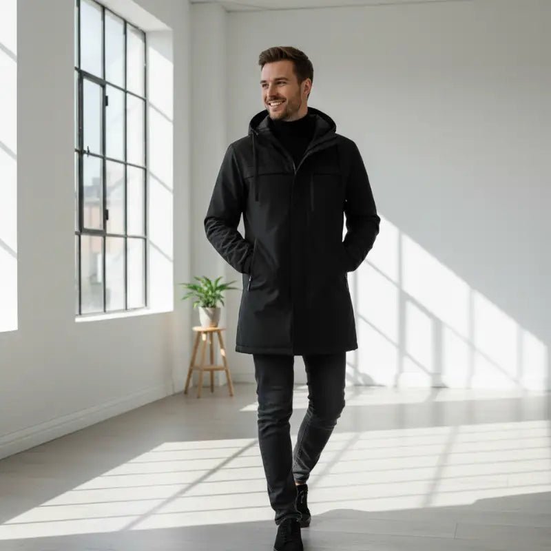 Homme portant une parka homme longue matelassée Le Nordique en noir, adaptée aux hivers froids.